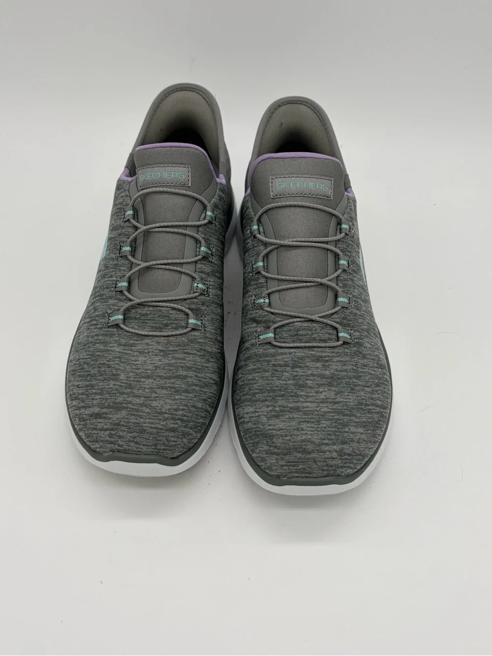 Skechers Women's Gray Slip-On Athletic Sneakers with Lavender and Teal Accents